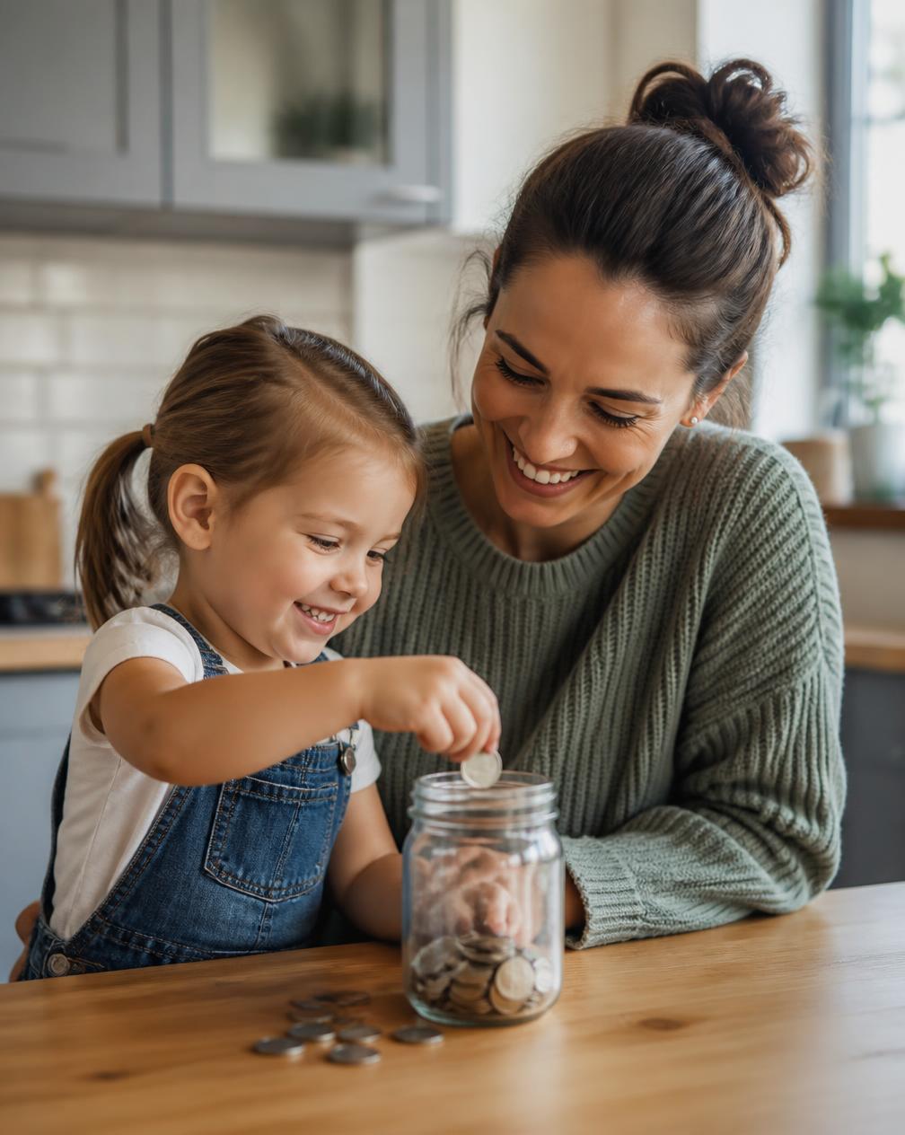 A parent and child putting coins into a savings jar