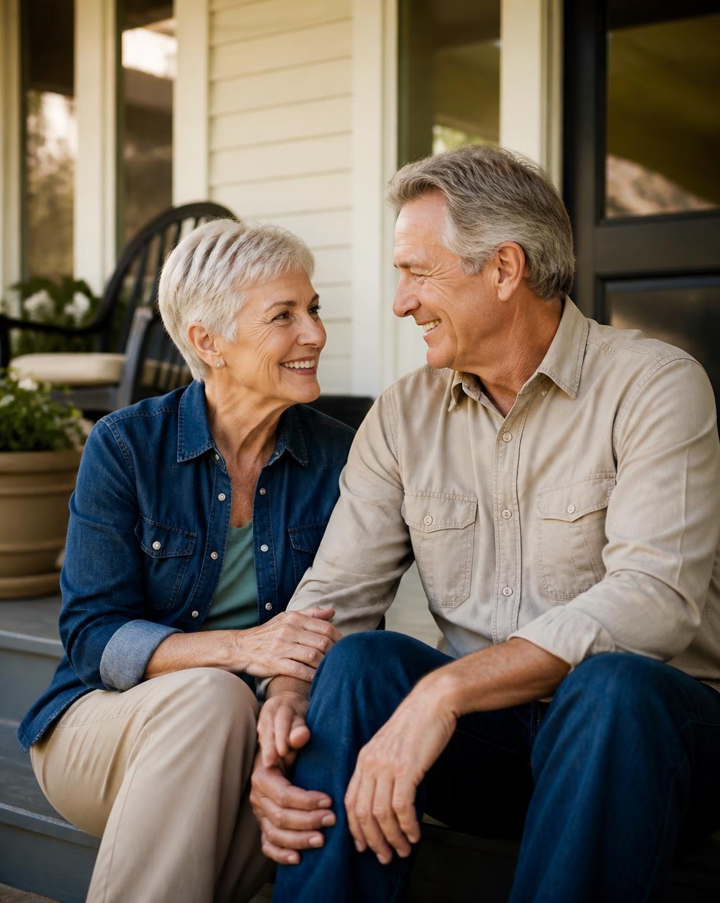 An older couple sitting together at home reviewing paperwork