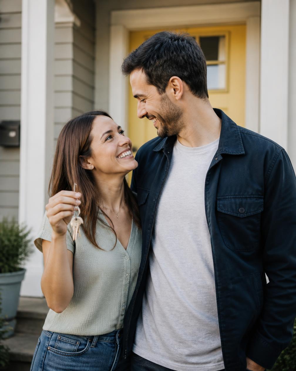 A young couple standing in front of their new home